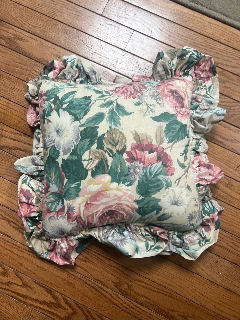 Waverly Floral Ruffled Square Throw Pillows Pair in Green and Pink - Picture 2 of 5